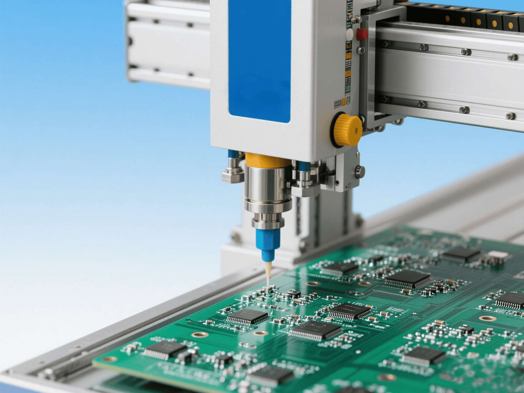 The dispenser dispenses silicone sealant on the PCB circuit board