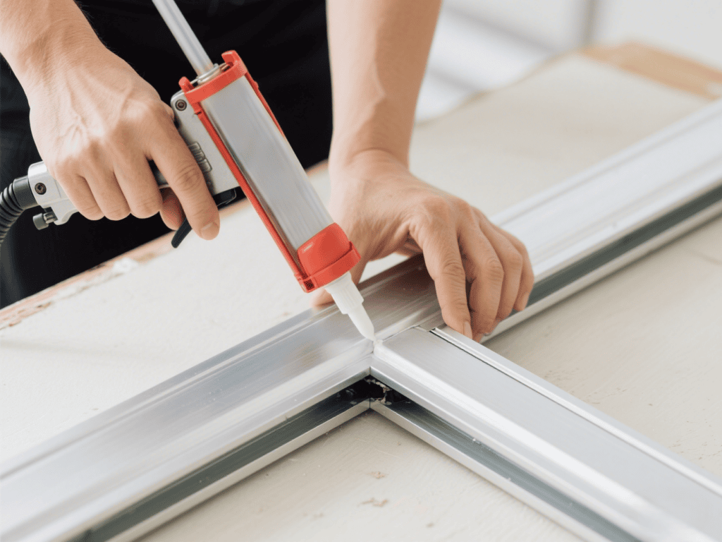 Glue aluminium window frames with silicone sealant
