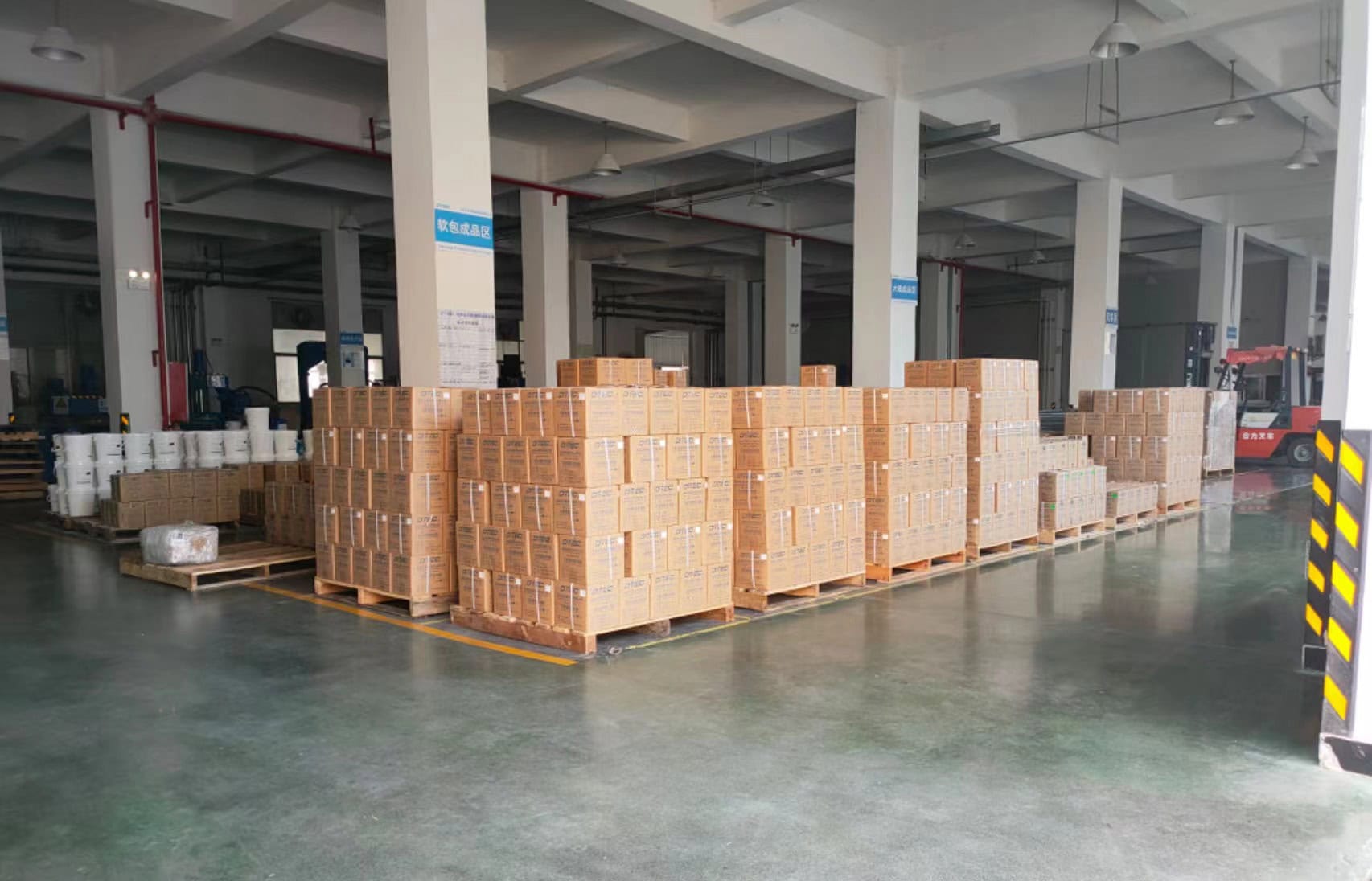 Silicone adhesive waiting to be shipped in DTEC warehouse .